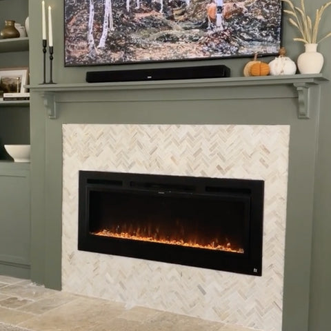 Touchstone Sideline Steel 50 Electric Fireplace decorated for Fall by @live.love.shiplap