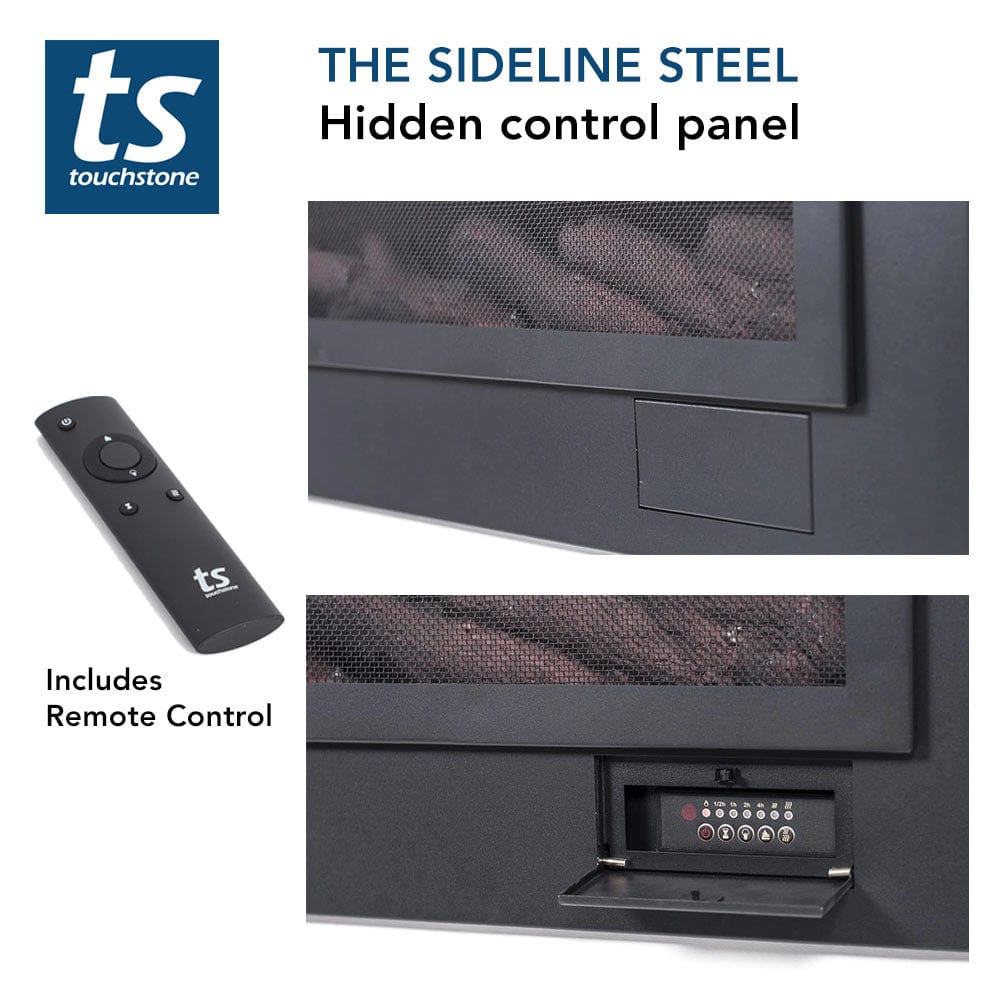 Touchstone Sideline Steel Electric Fireplace is operated by included remote control or the hidden control panel on the front.