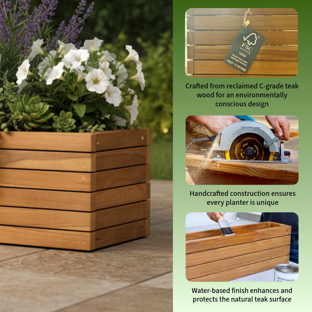 Touchstone Teak - Calena Teak Outdoor Planters features infographic