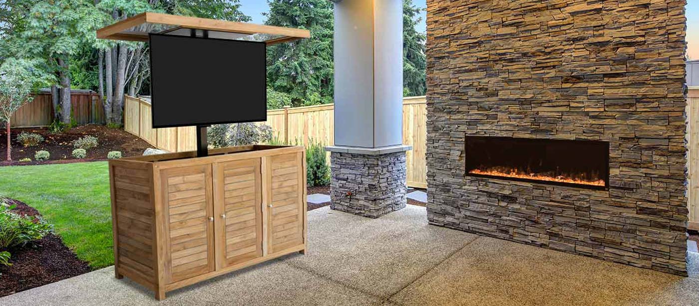 Touchstone Sideline Elite 60 Outdoor Smart Electric Fireplace and TechTeak Outdoor TV Lift Cabinet on a patio