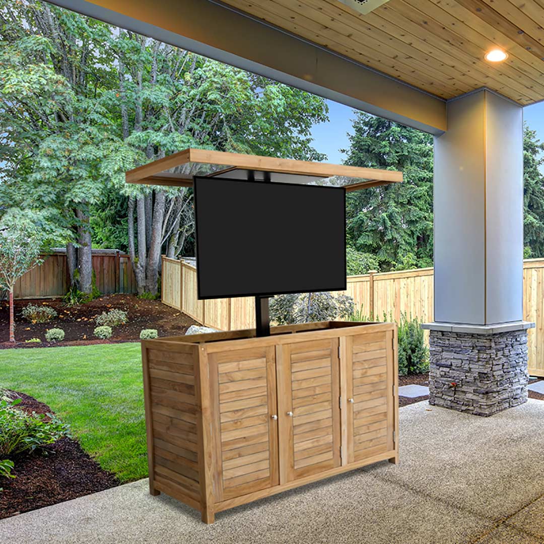 Touchstone TechTeak Outdoor TV Lift Cabinet shown on a patio