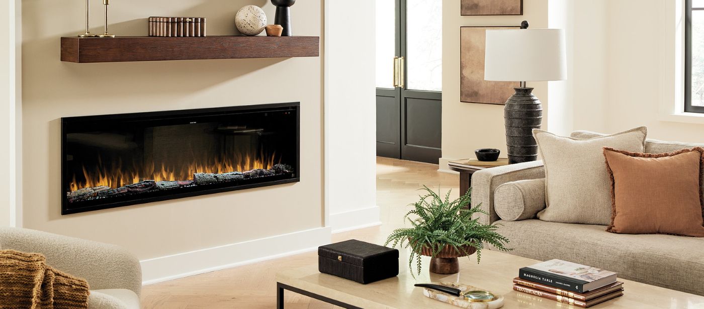 Touchstone Sideline Elite Pro Smart Electric Fireplace in living room with fall season accents