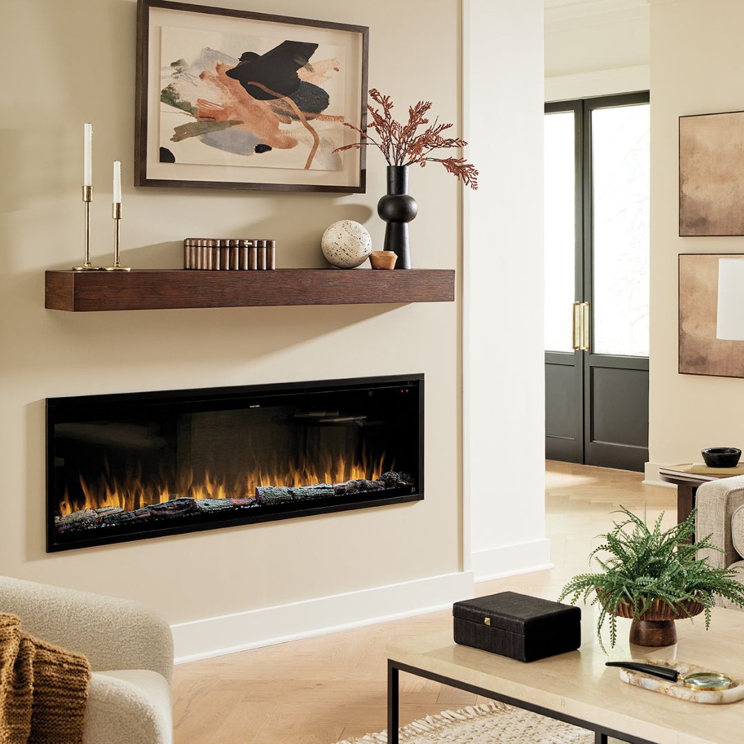 Touchstone Sideline Elite Pro Smart Electric Fireplace in living room with fall season accents mobile version