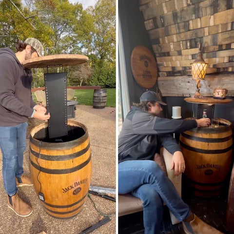 Touchstone Whisper Lift II Pro TV Lift Mechanism in whiskey barrel, @thelawnreview