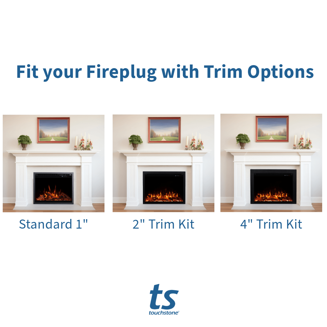 Touchstone Fireplug Pro electric fireplace trim options shown in a room setting