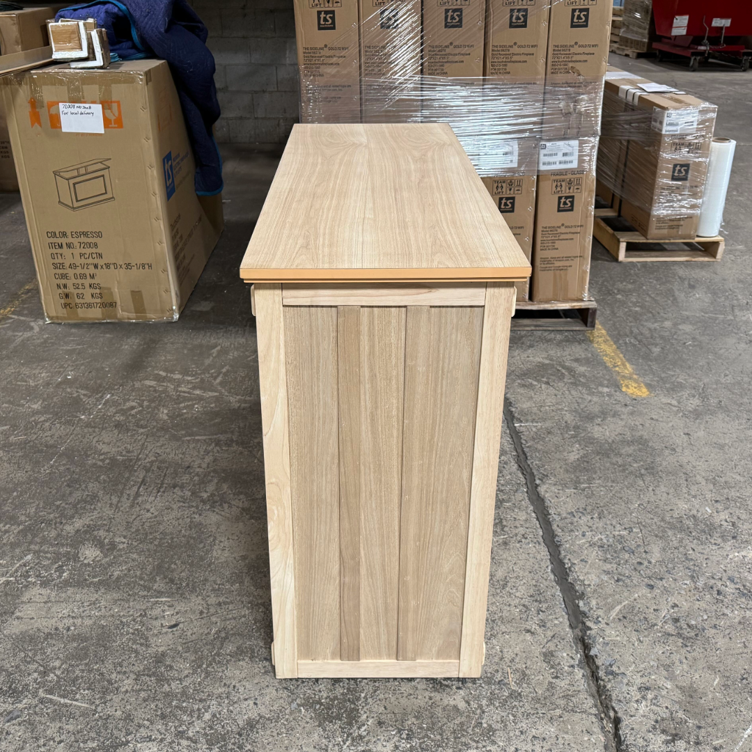 Touchstone Elevate Mission Smart TV Lift Cabinet in unfinished photographed in the warehouse - showroom unit.