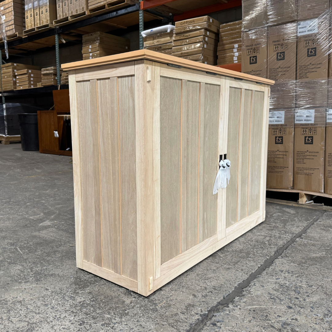 Touchstone Elevate Mission Smart TV Lift Cabinet in unfinished photographed in the warehouse - showroom unit.
