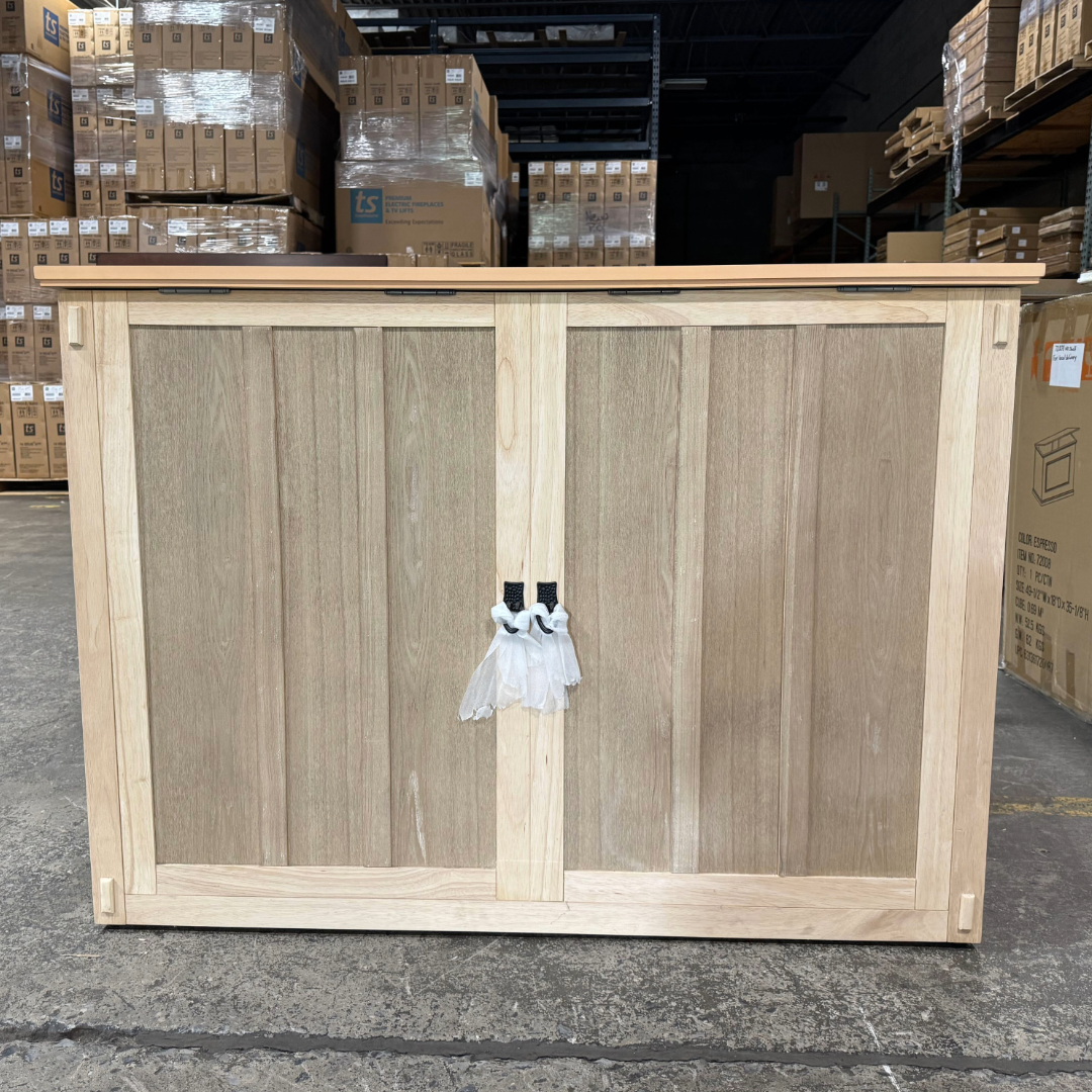 Touchstone Elevate Mission Smart TV Lift Cabinet in unfinished photographed in the warehouse - showroom unit.