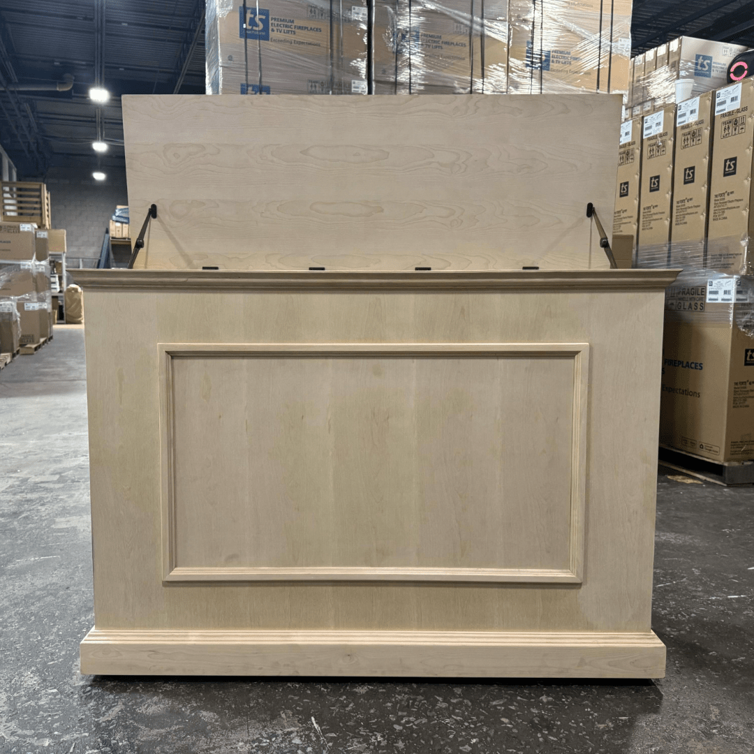 Unfinished Elevate open box cabinet photographed in the warehouse.
