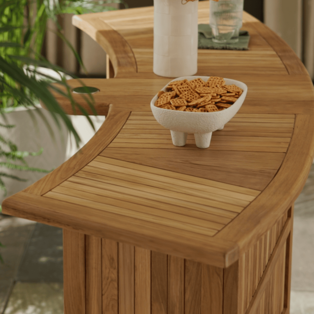 Velari Teak Bar set lifestyle image close up shot.