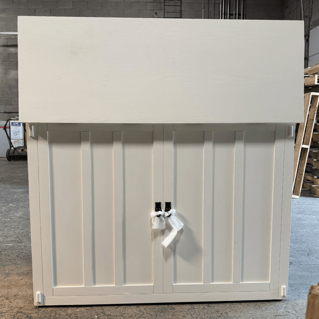 72013 Mission Elevate White showroom cabinet photographed in the warehouse.