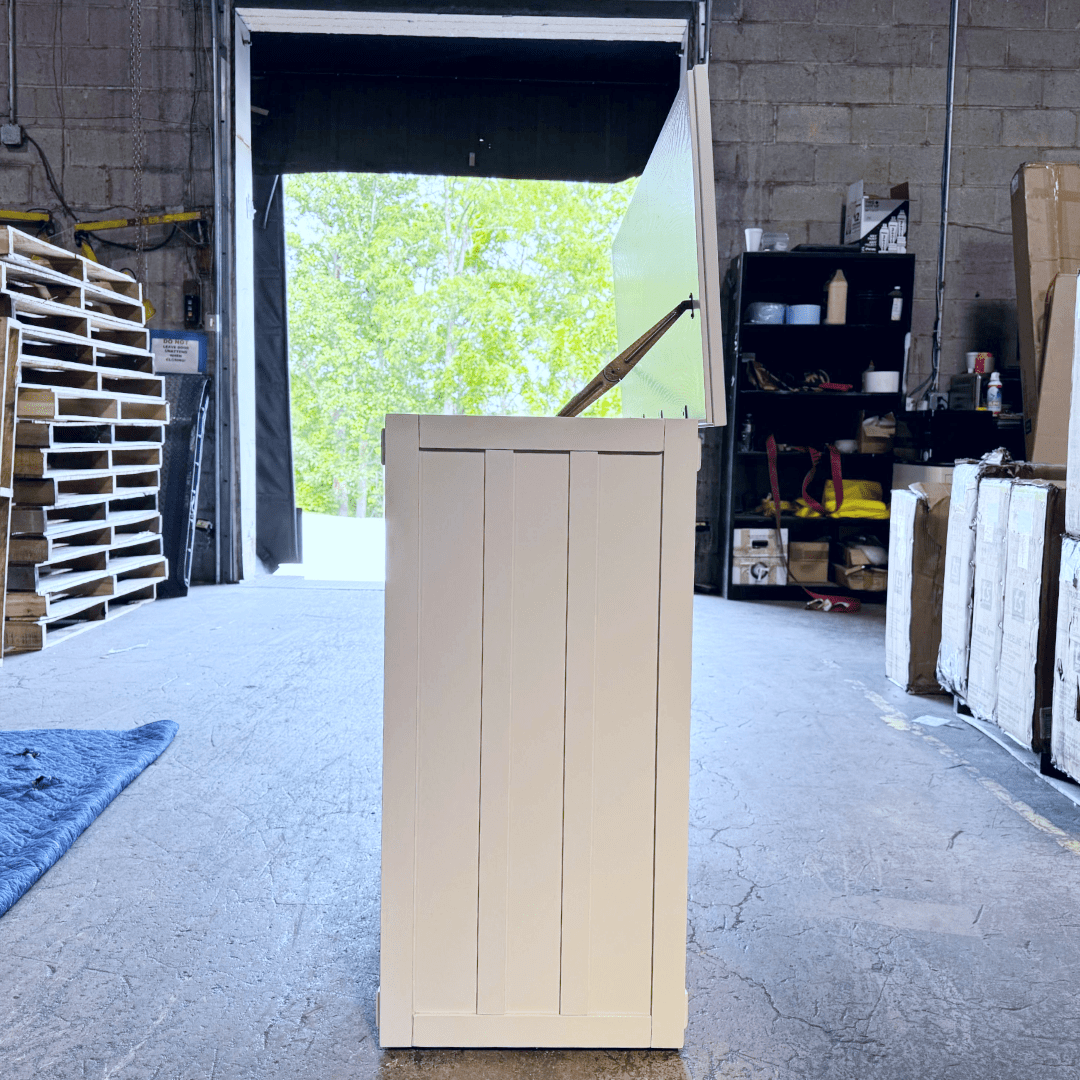 72013 Mission Elevate White showroom cabinet photographed in the warehouse.