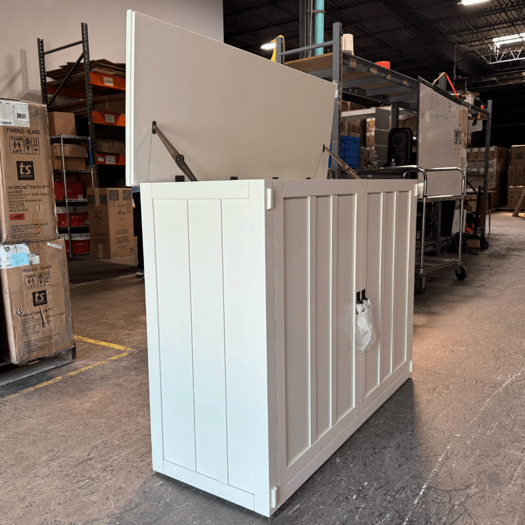 72013 Mission Elevate White showroom cabinet photographed in the warehouse.
