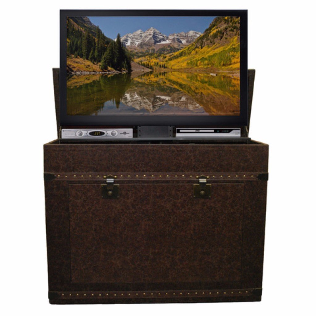 Elevate 72007 Vintage Trunk TV Lift Cabinet for Flat screen TVs with a TV in it.