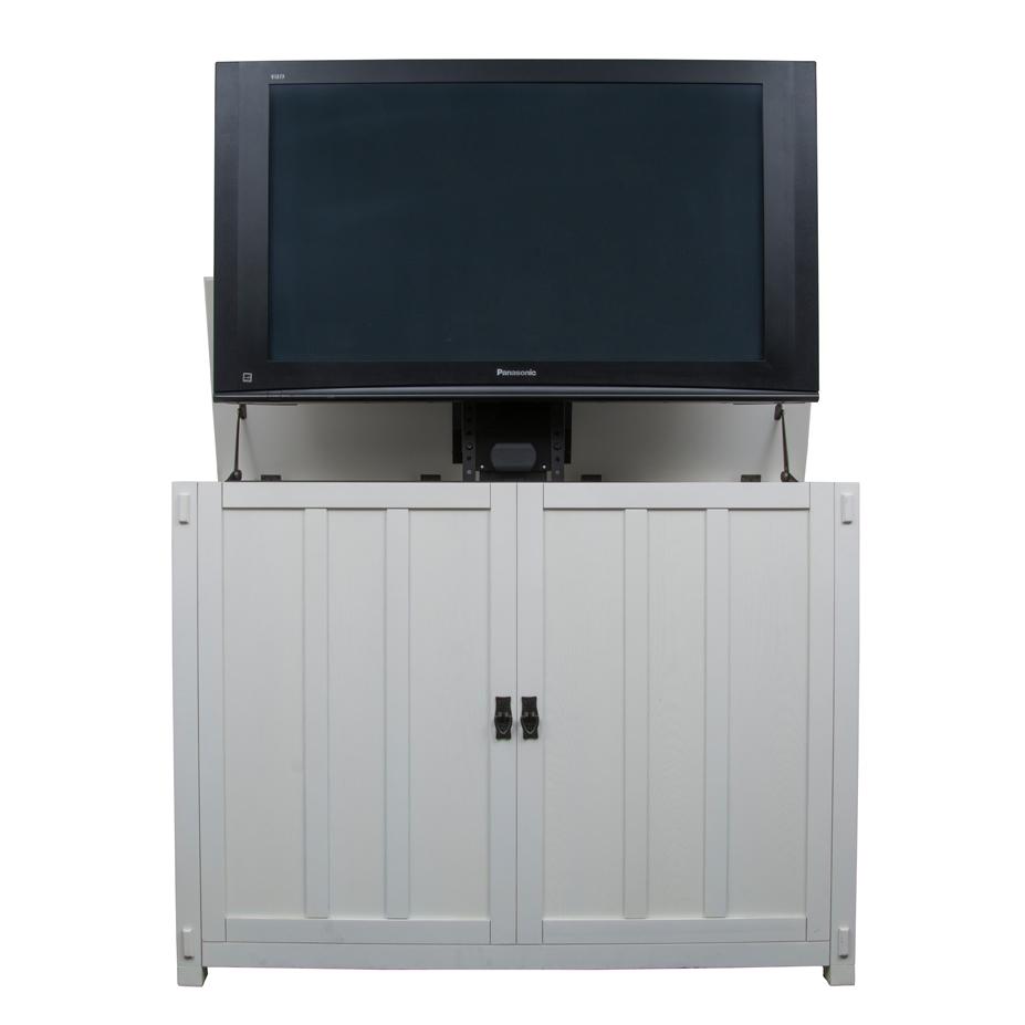 	Elevate 72013 White Mission Style TV Lift Cabinet for  Flat screen TVs head on with a TV in it.