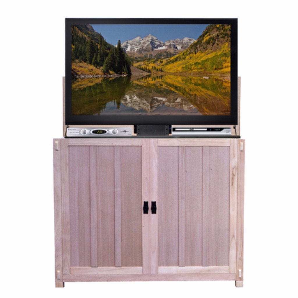 Elevate 72106 Unfinished Mission Style TV Lift Cabinet for Flat screen TVs pictured with a TV in it.