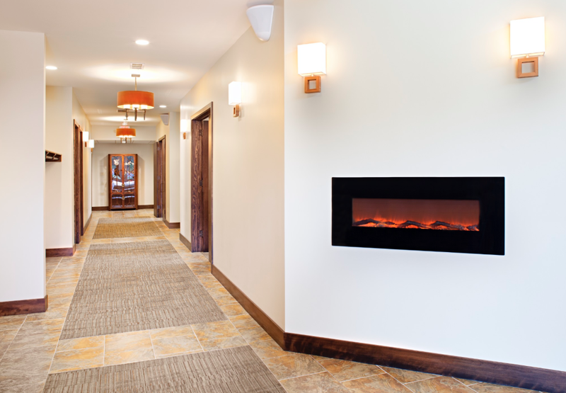 	Onyx 80001  Wall Mounted Electric Fireplace in a hallway.