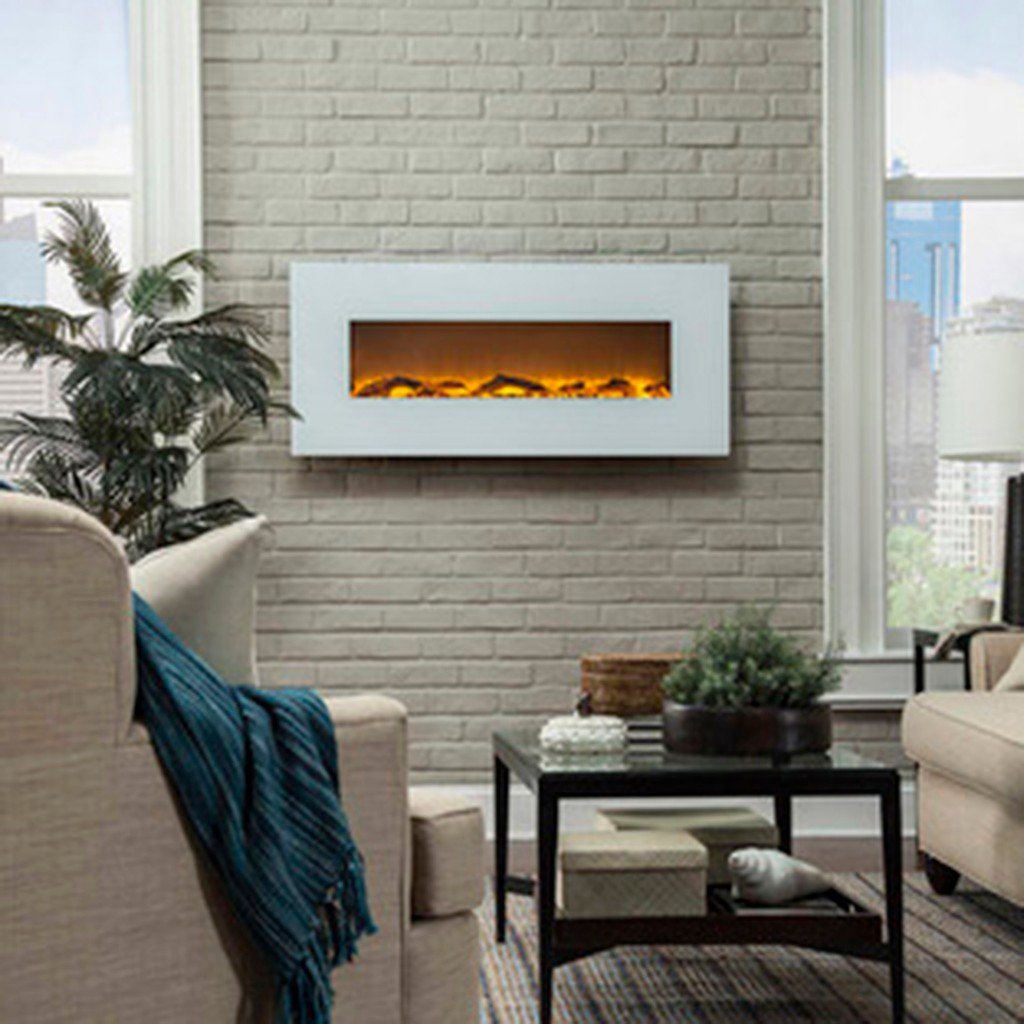 Ivory 80002 50 Wall Mounted Electric Fireplace shown in a room from the front. 