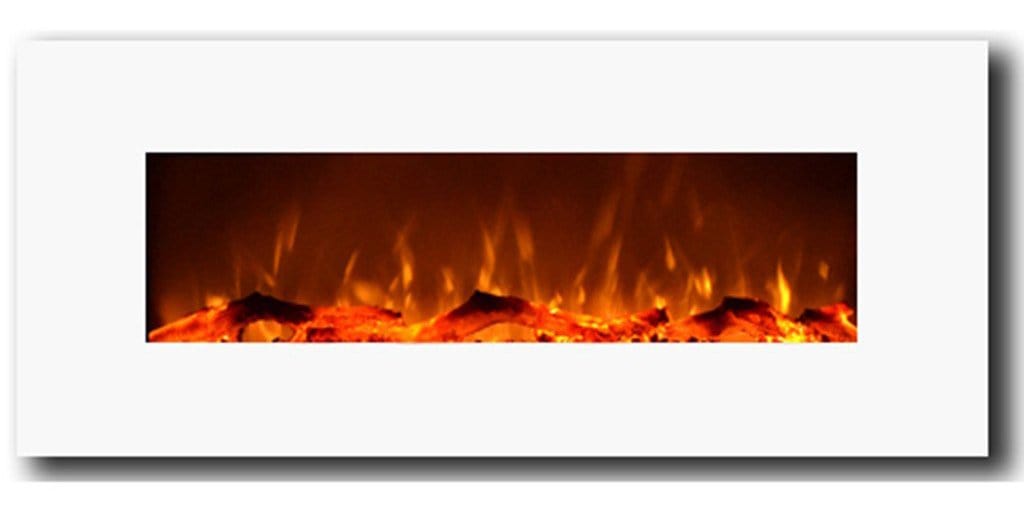 Ivory 80002 50 inch Wall Mounted Electric Fireplace shown close up and turned on. 