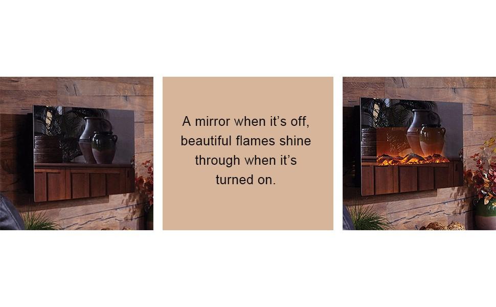 Mirror Onyx 80008 50 inch Wall Mounted Electric Fireplace with texts that reads, “A mirror when it’s off, beautiful flames shine through when its turned on”. 