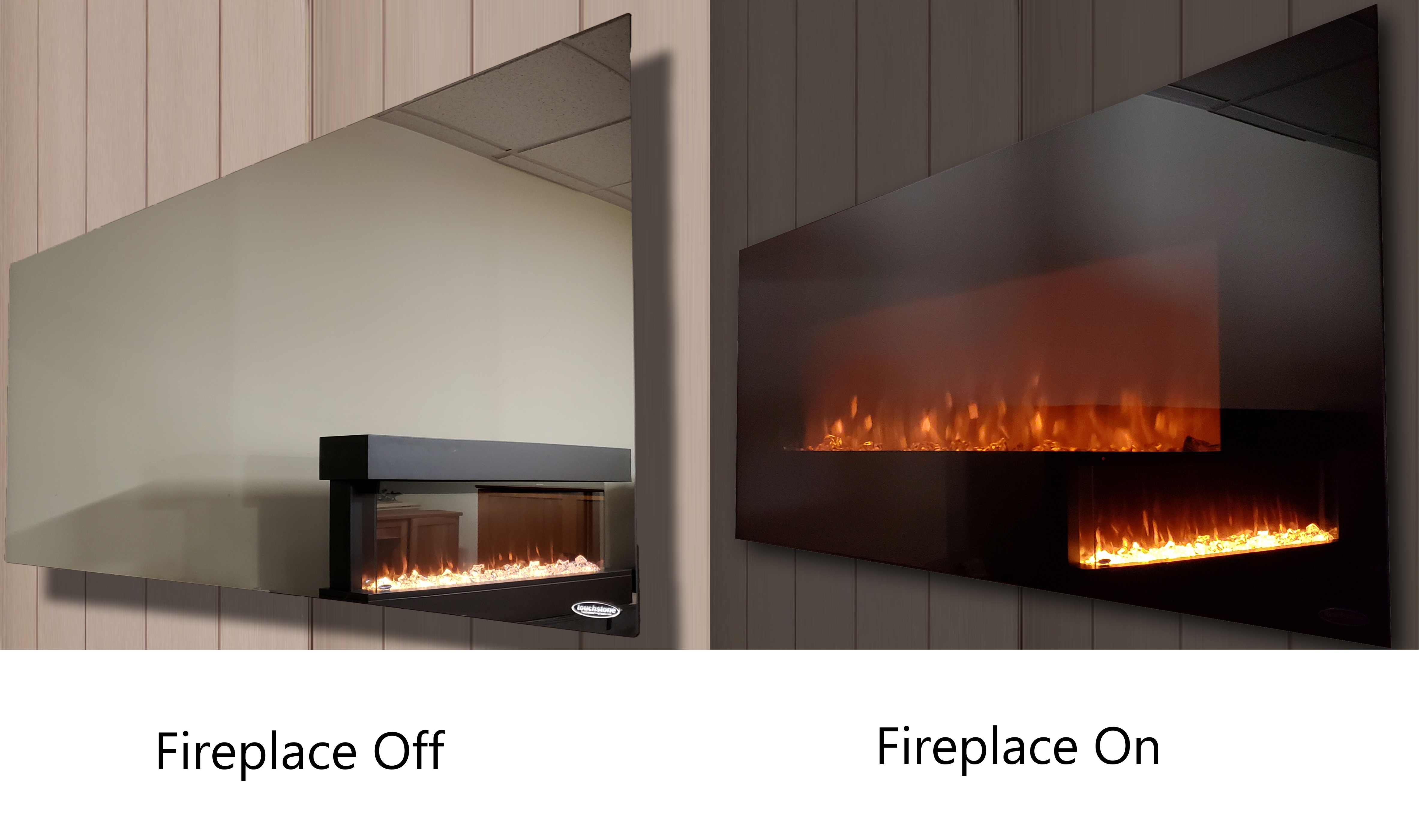 Mirror Onyx 80008 50 inch Wall Mounted Electric Fireplace pictured on and off.