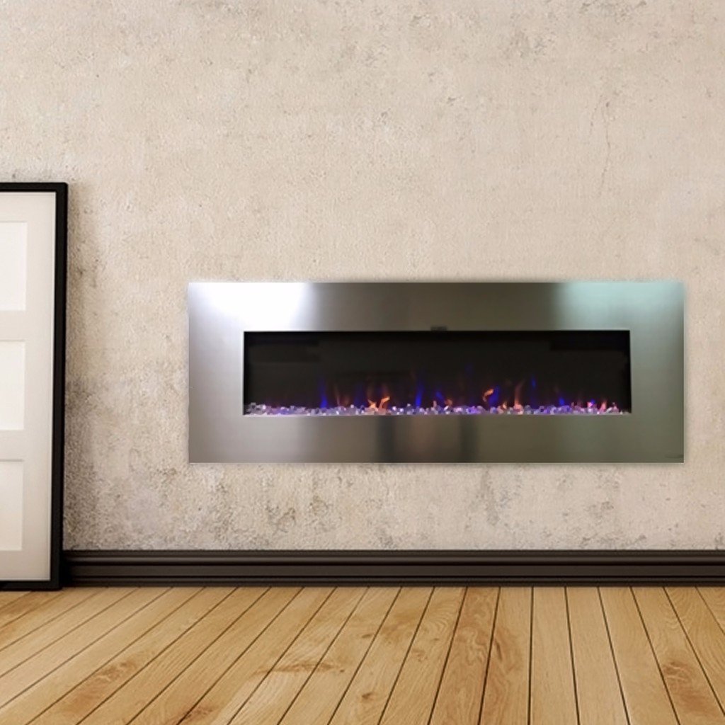 AudioFlare 80024 Stainless 50 inch Recessed Electric Fireplace on a concrete wall.