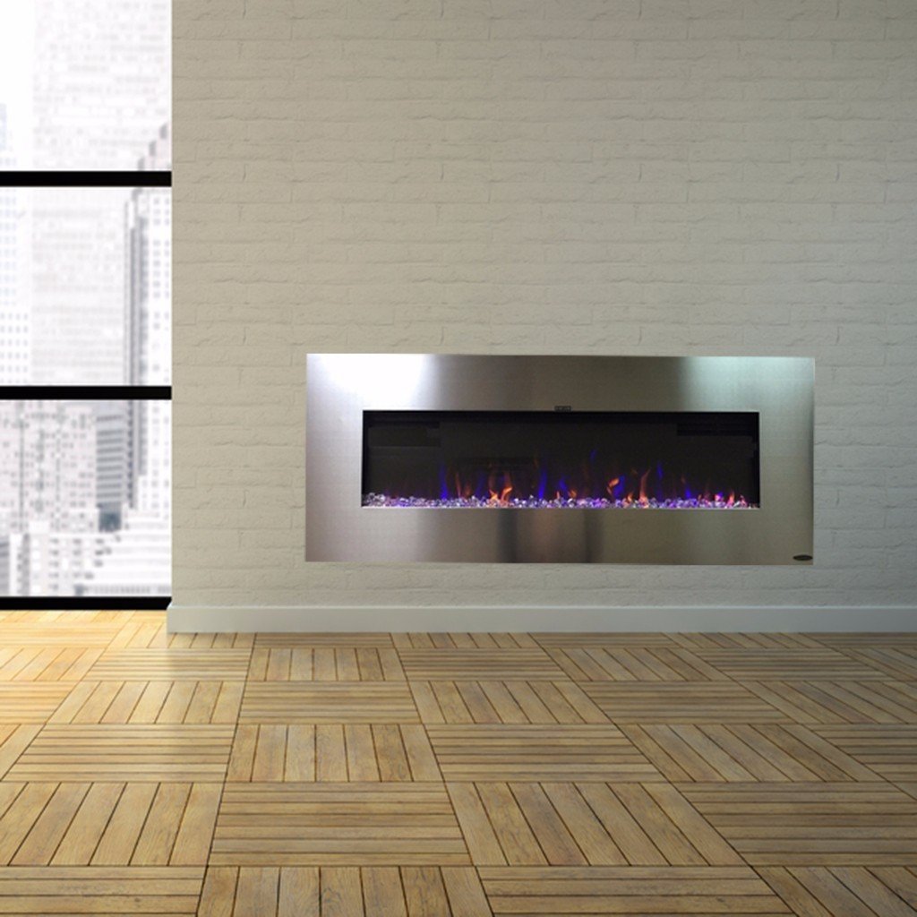 AudioFlare 80024 Stainless  Recessed Electric Fireplace on a brick wall with wood floors.