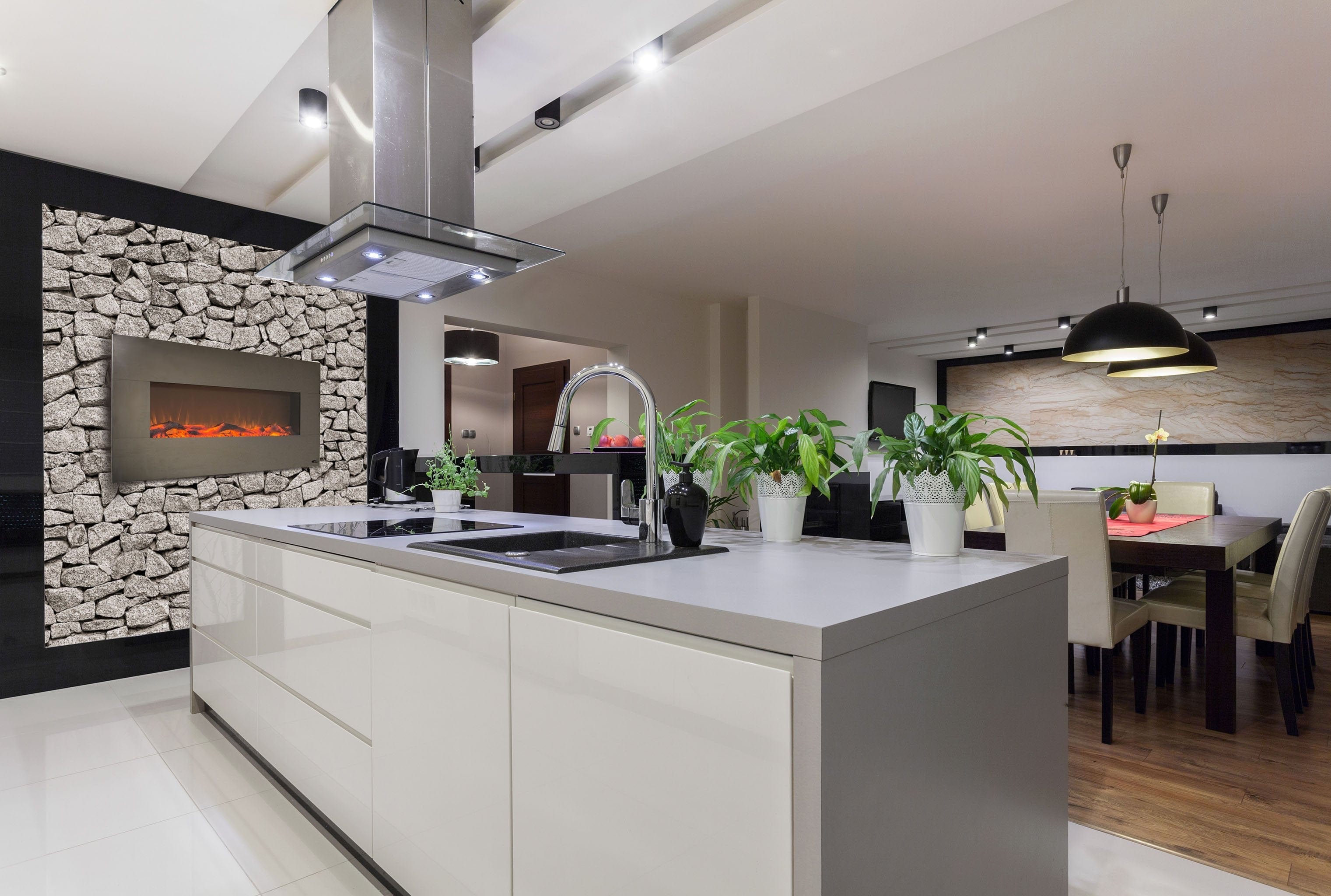 Onyx Stainless 80026  Refurbished Wall Mounted Electric Fireplace in a kitchen