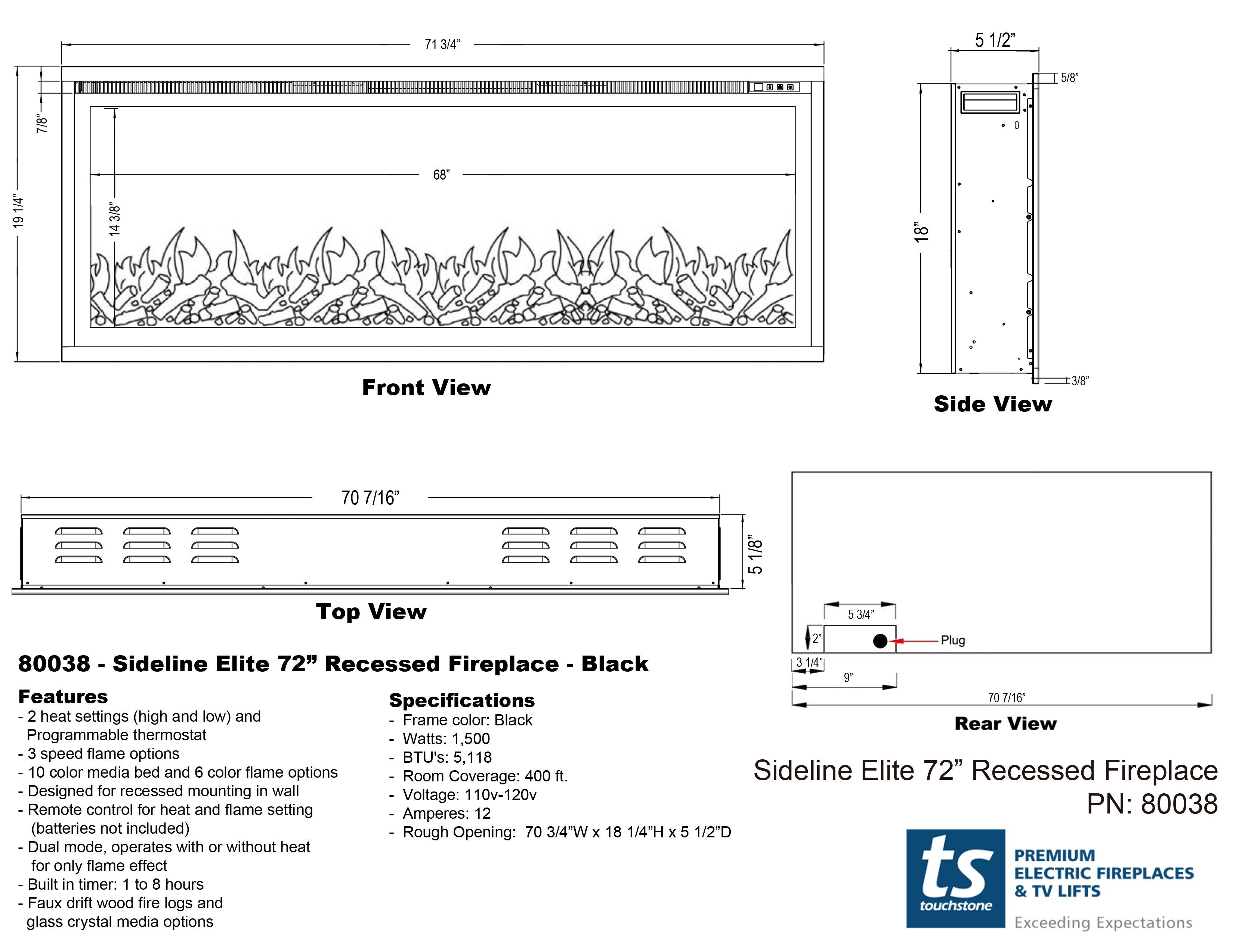 	Sideline Elite  Recessed Electric Fireplace specifications.