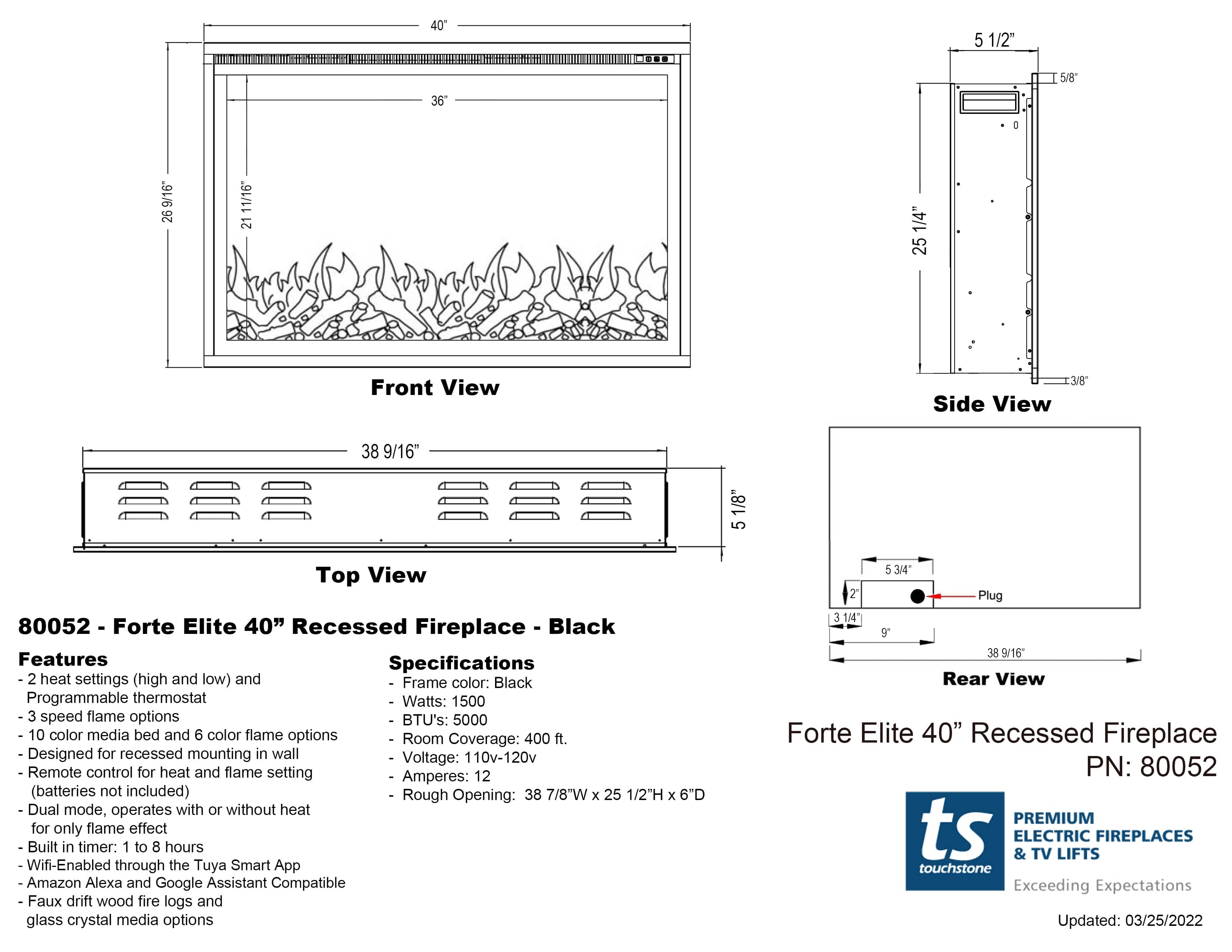 Touchstone Sideline Elite Forte 40 inch Electric Fireplace specifications