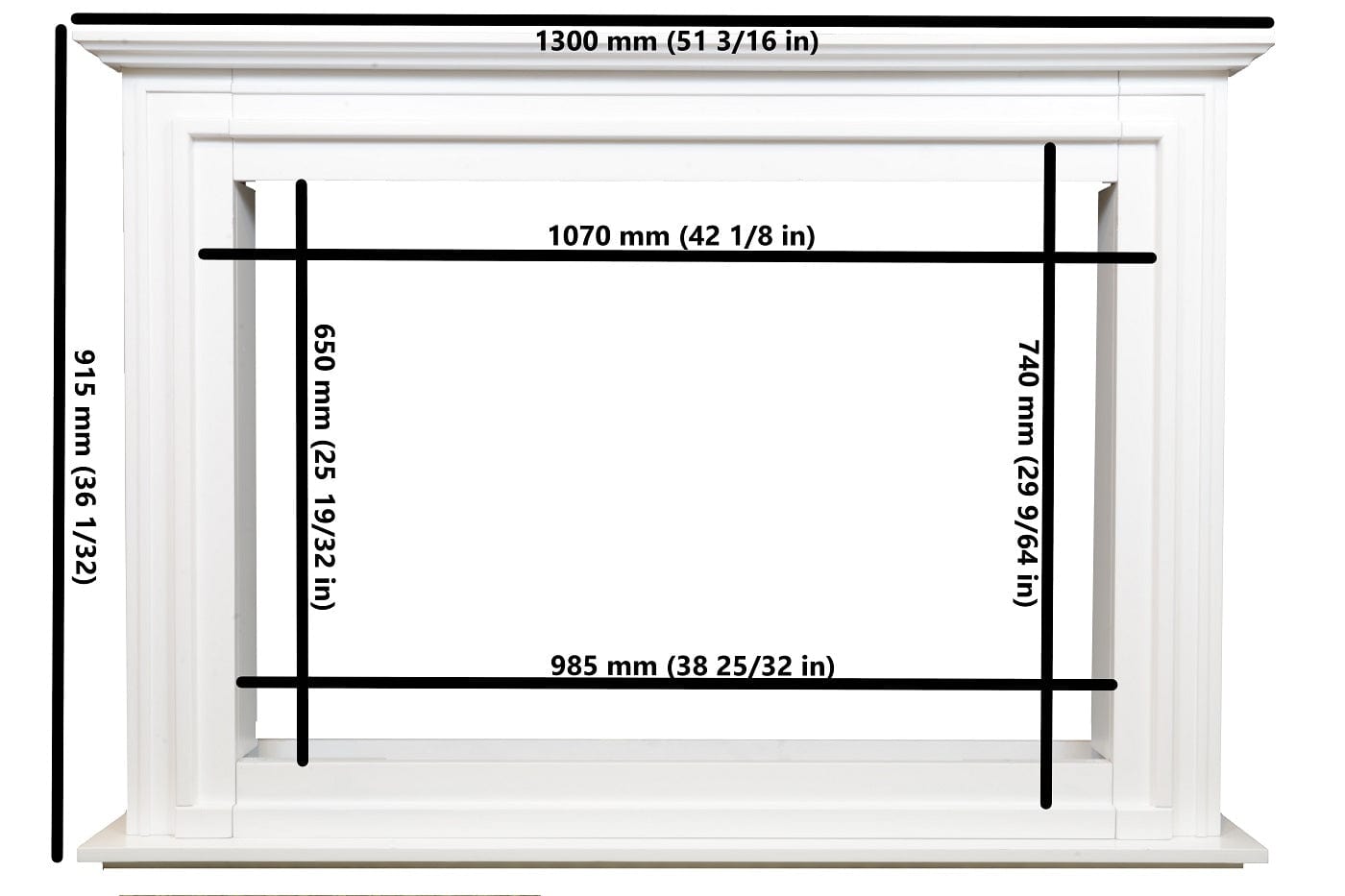 Dimensions of the Touchstone Encase Surround Mantel for the Sideline Elite Forte Smart Electric Fireplace