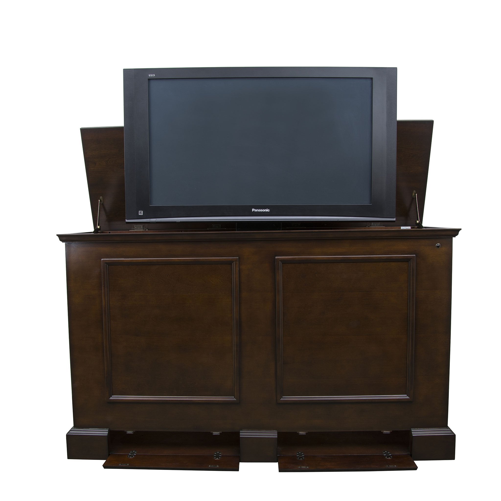 Grand Elevate 74008 Espresso TV Lift Cabinet for 65 inch Flat screen TVs shown opened. 