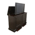 Grand Elevate 74008 Espresso TV Lift Cabinet for 65 inch Flat screen TVs opened with a TV in it.