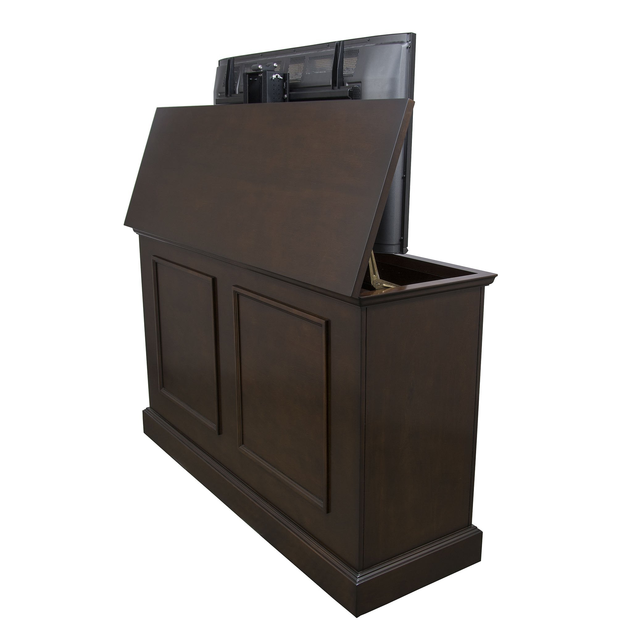 	Grand Elevate 74008 Espresso TV Lift Cabinet for 65 inch Flat screen TVs angled towards the back.
