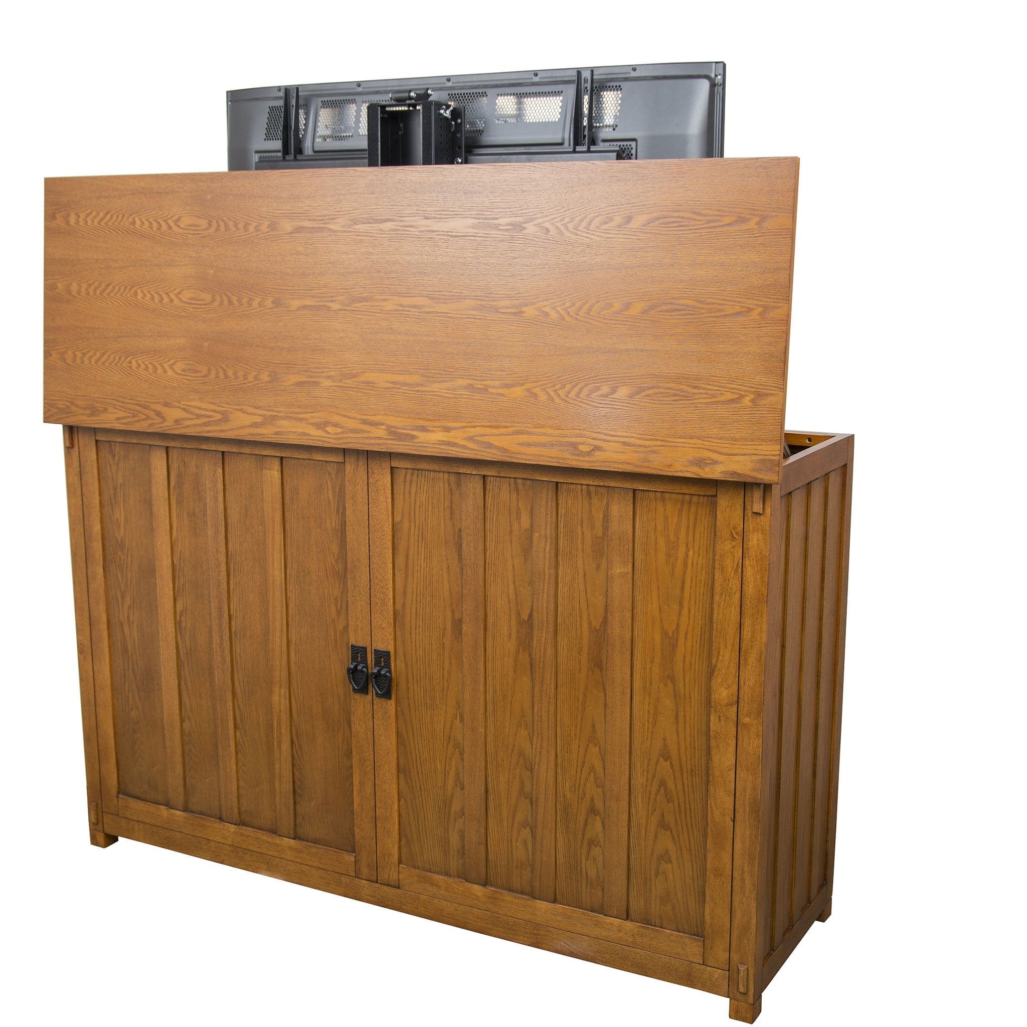 Grand Elevate 74006 Mission TV Lift Cabinet for 65 inch Flat screen TVs opened and from the back.