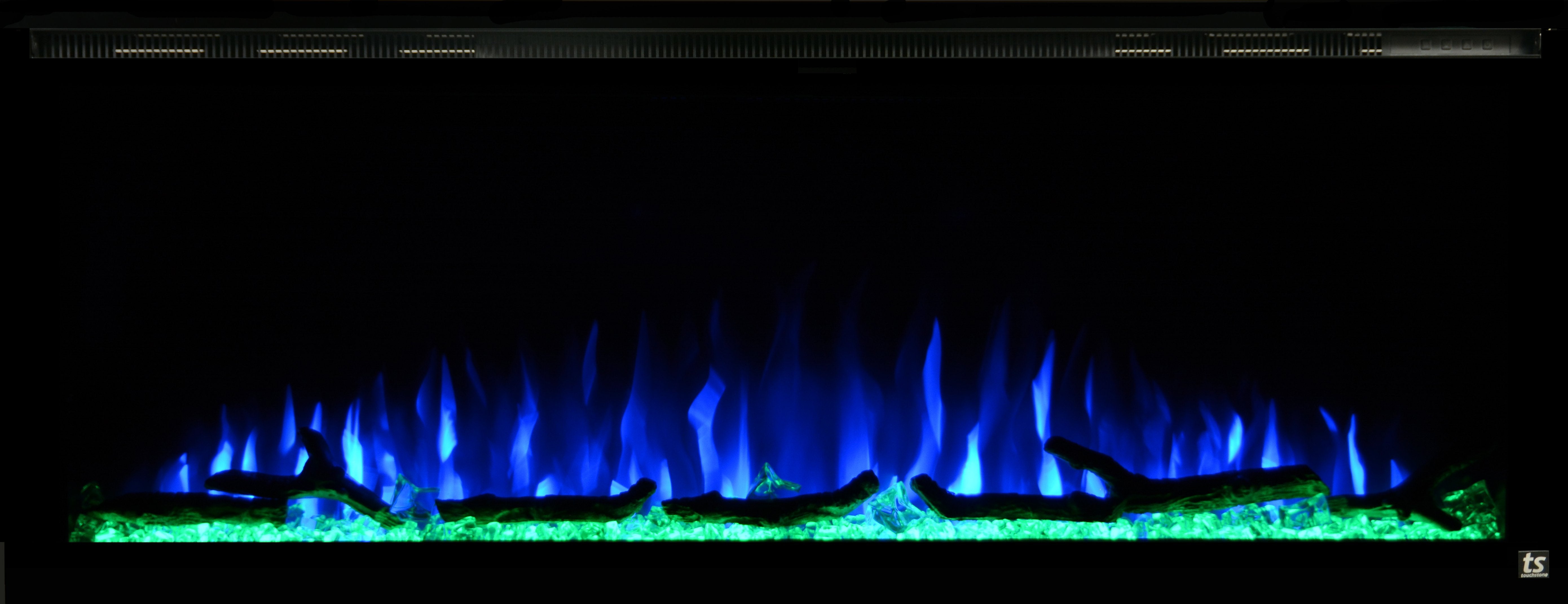 Sideline Elite 60 Refurbished Recessed Electric Fireplace blue and green.