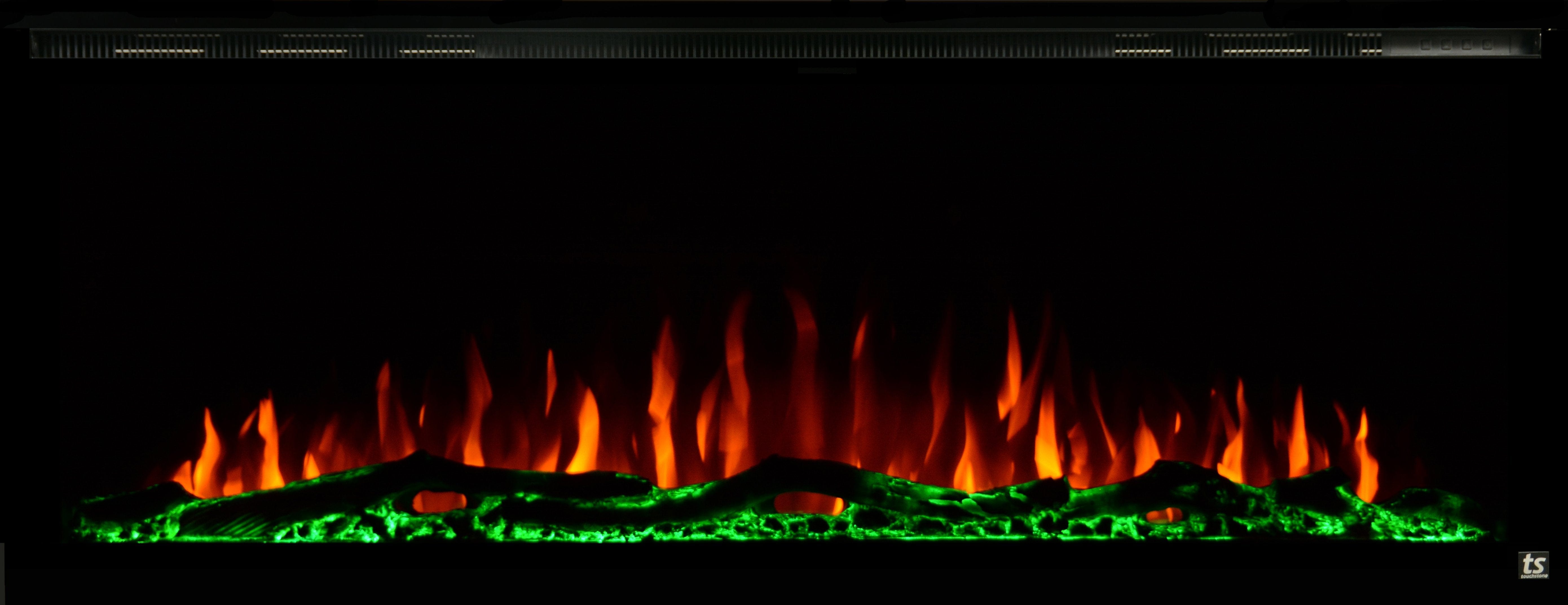 Sideline Elite 72 Refurbished Recessed Electric Fireplace orange and green.
