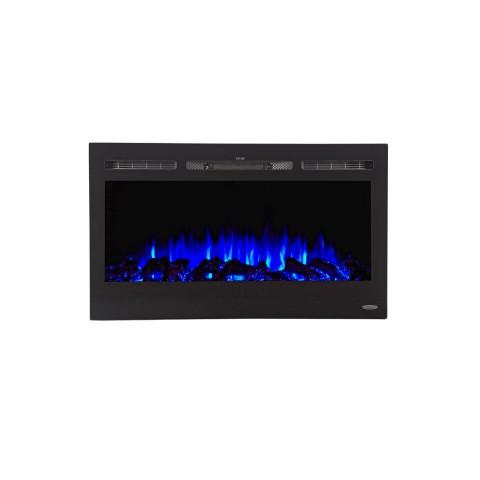 Sideline 36 80014 36" Recessed Electric Fireplace shown with blue flames and log. 