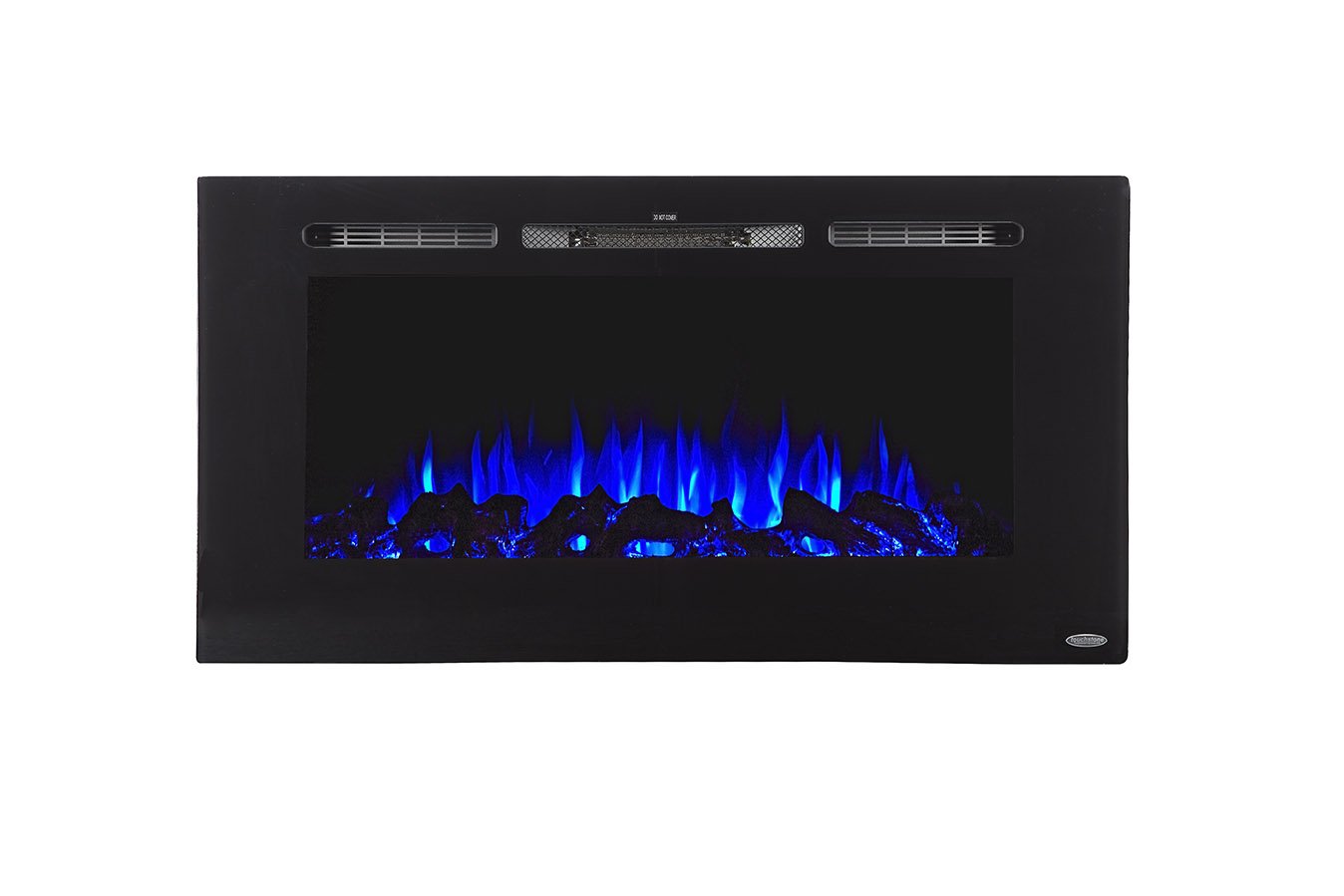 	Sideline 40 80027 40 inch Recessed Electric Fireplace shown with blue flame and log set.