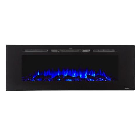 Sideline 60 80011 60 inches Recessed Electric Fireplace blue flames and logs.