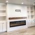 Touchstone Sideline 84 Electric Fireplace in shiplap wall with mantel by Two Eleven Woodwork & Design