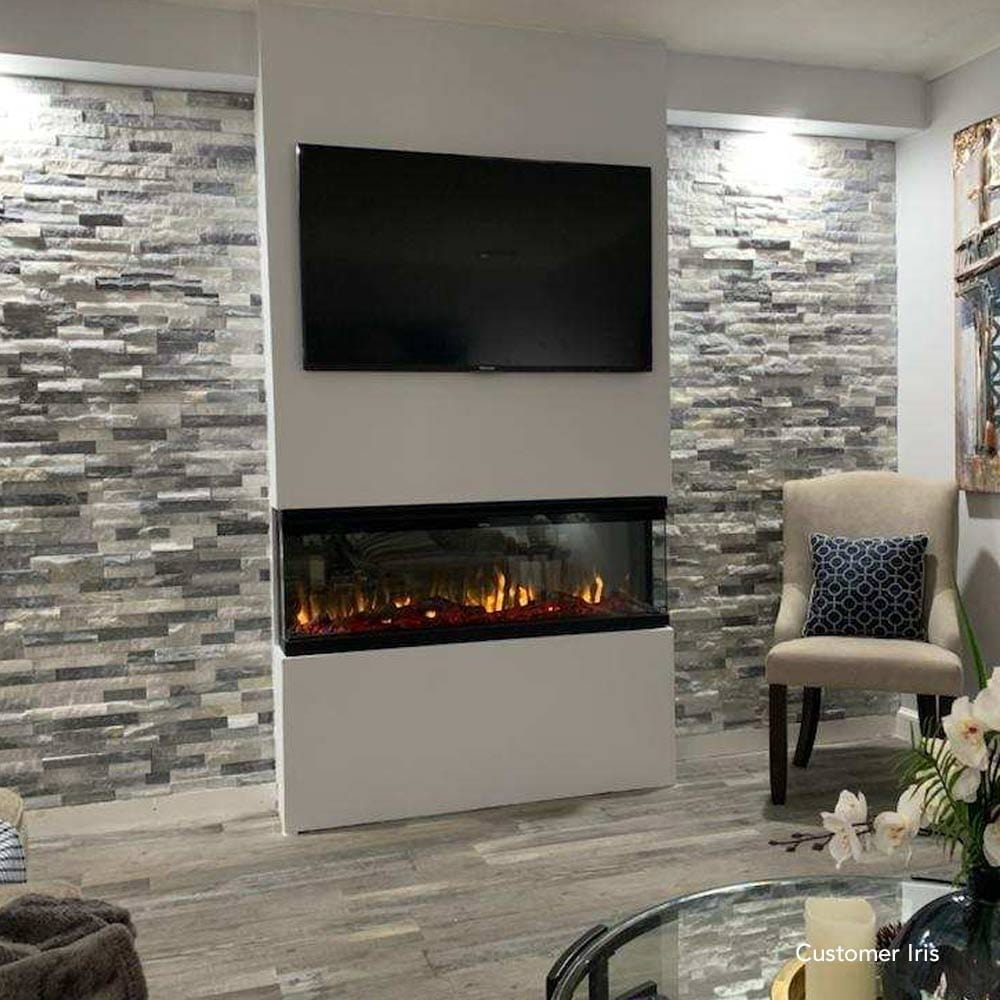 Touchstone Sideline Infinity 50 Smart Electric Fireplace in bump out wall with stone by customer Iris
