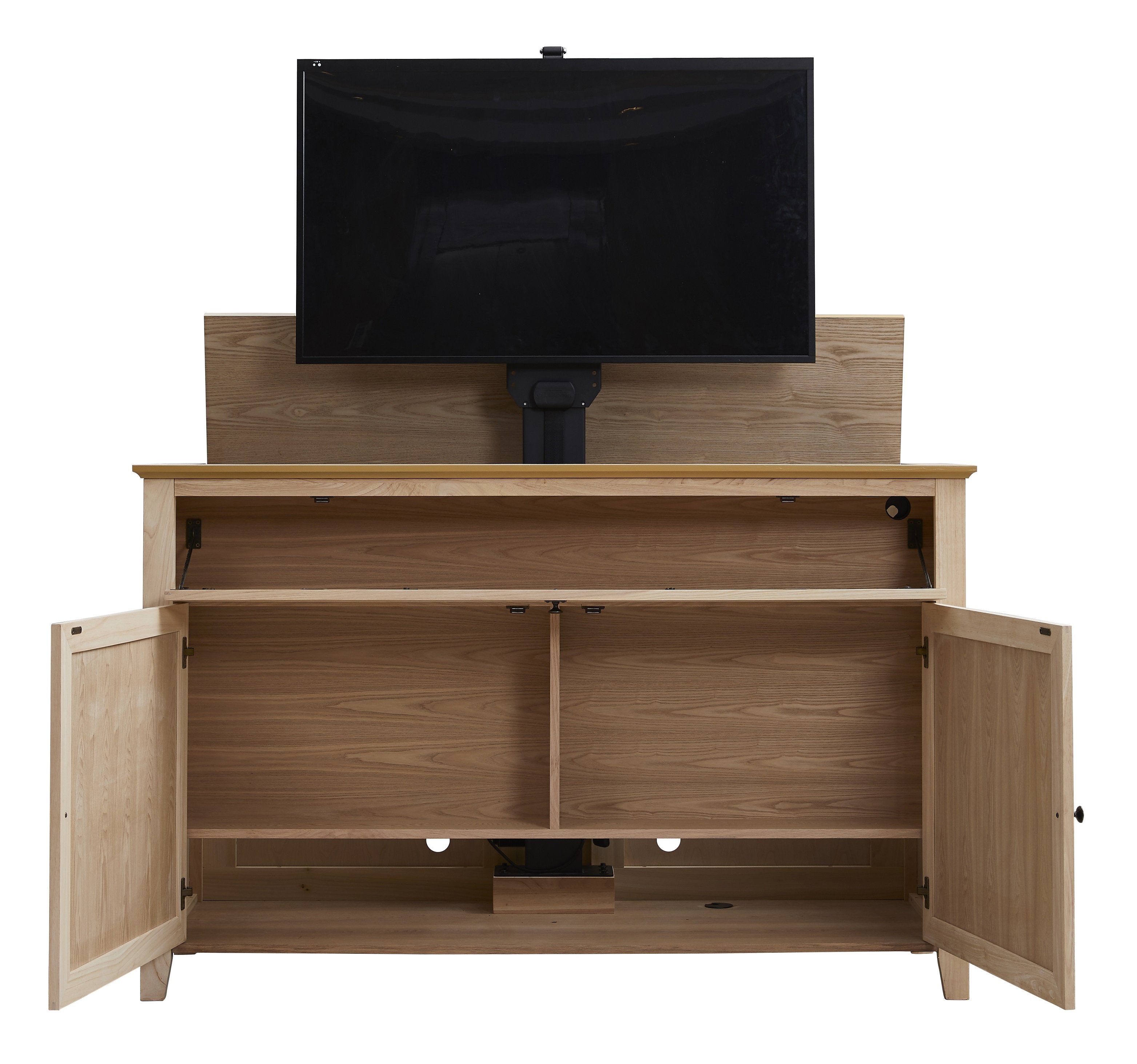 The Claymont Unfinished 70163 TV Lift Cabinet for 65 inch Flat screen TVs with all compartments opened. 