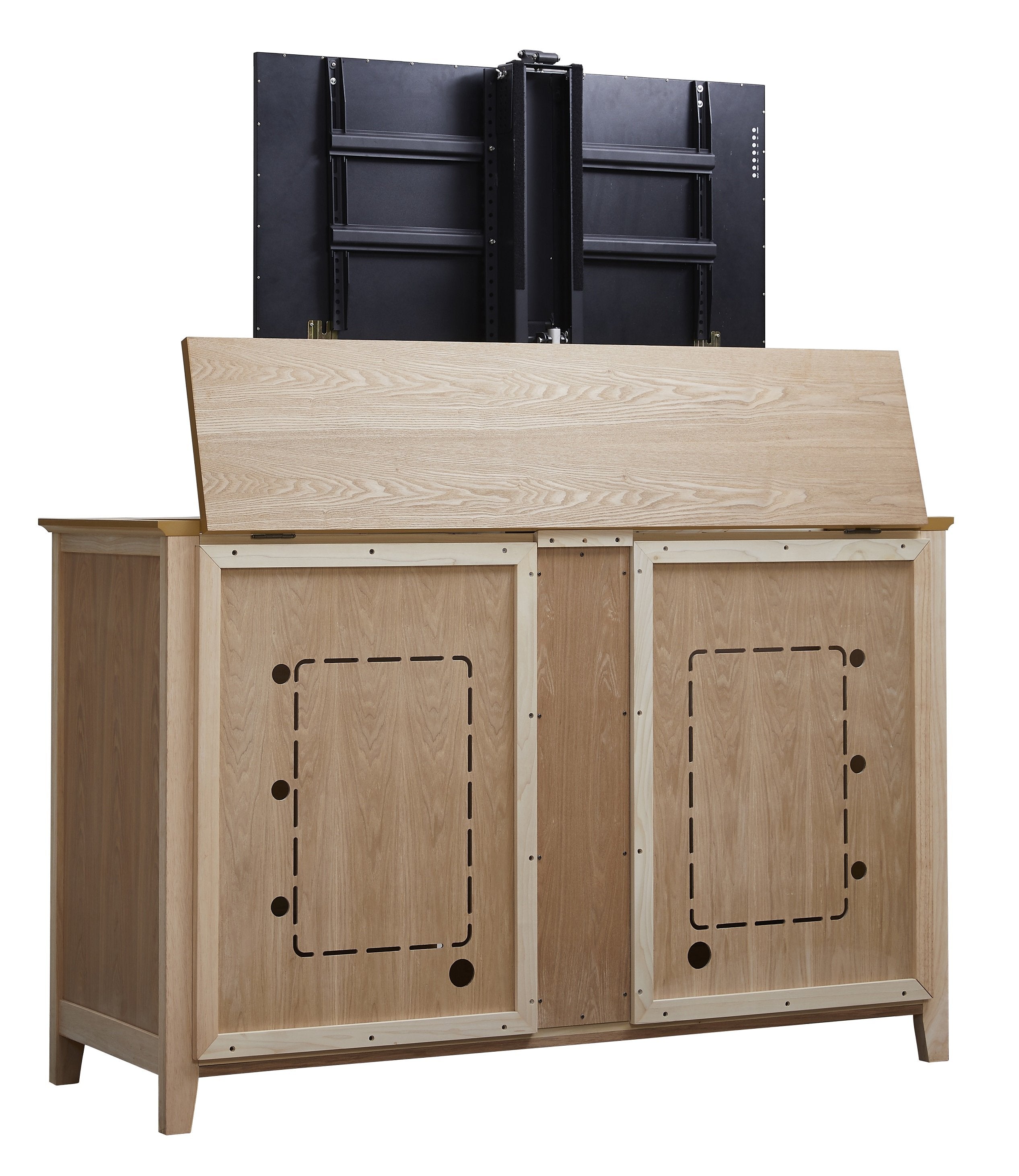 	The Claymont Unfinished 70163 TV Lift Cabinet for 65 inch Flat screen TVs from the back.