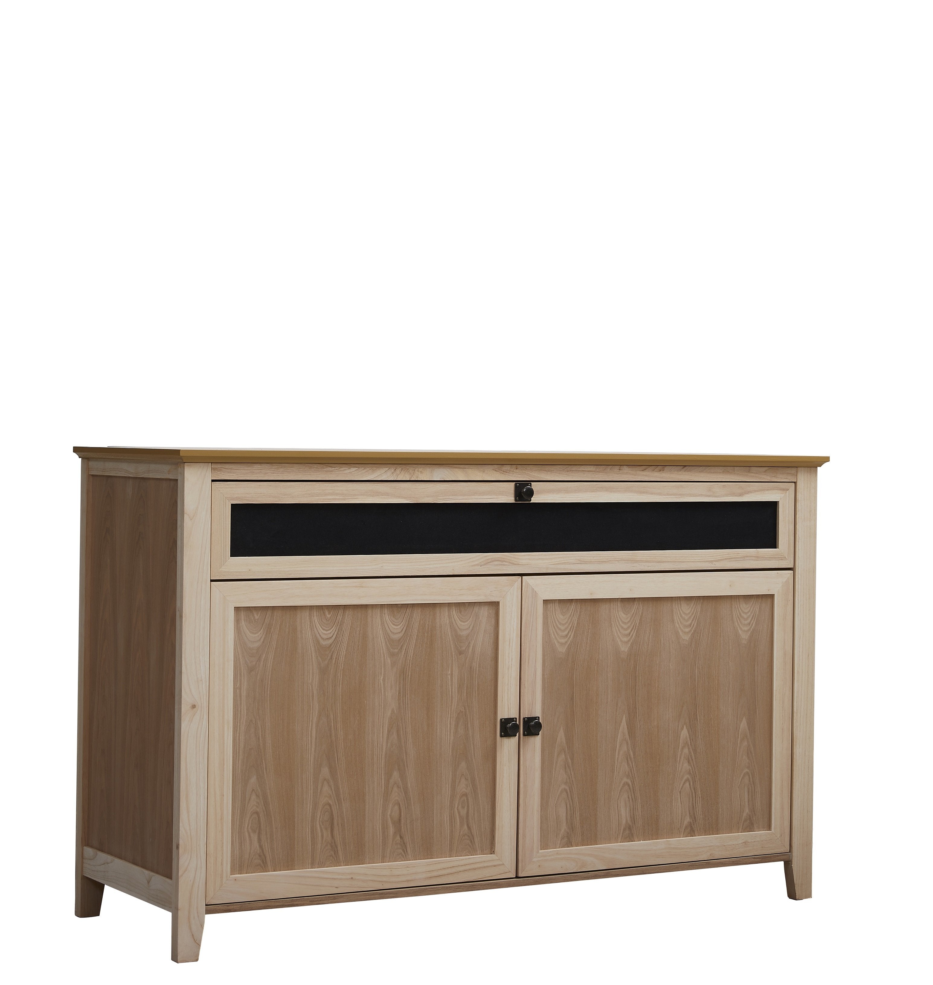 The Claymont Unfinished 70163 TV Lift Cabinet for 65 inch Flat screen TVs with a white background.