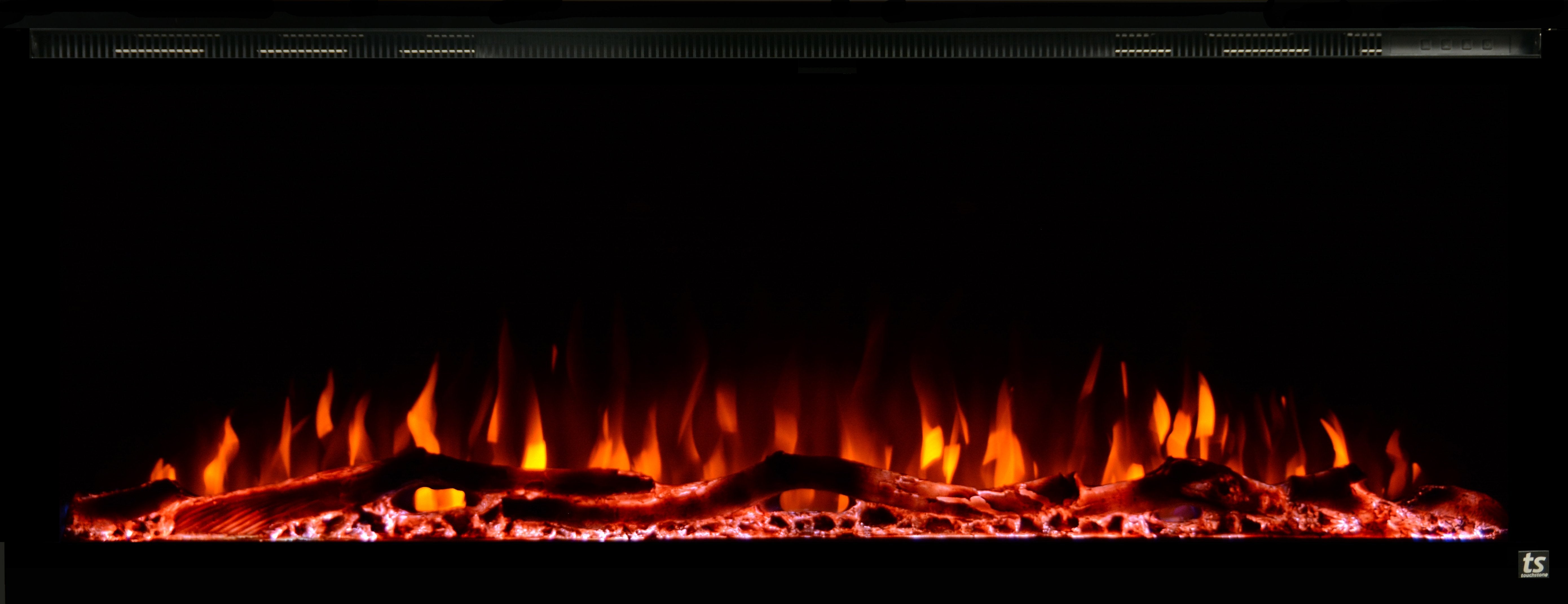Sideline Elite 60 Refurbished Recessed Electric Fireplace red flames and log set.