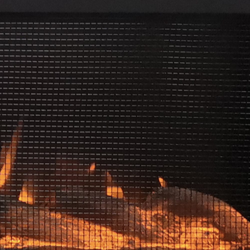 Close up of steel mesh screen fireplace front of the Touchstone Forte Steel Electric Fireplace
