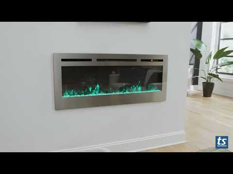 Touchstone Sideline Stainless Electric Fireplace 9 flame colors cycling through shown with crystals and log set