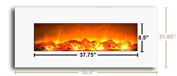 Ivory 80002  Wall Mounted Electric Fireplace shown with measurements. 