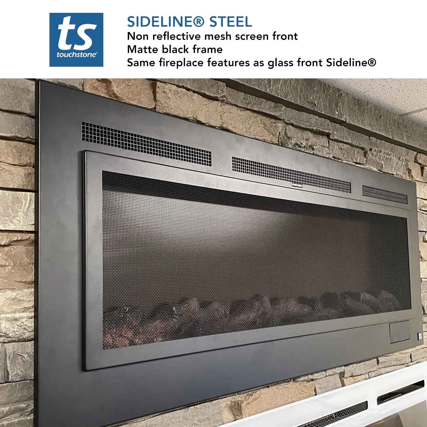 Sideline Steel electric fireplace with matte black frame and non reflective mesh screen front